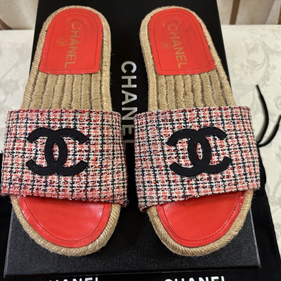 🆕Chanel CC Tweed espadrilles slides,in Box - Picture 2 of 9